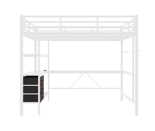 Cama alta 140*200cm - con luces led, escritorio, toma de corriente + usb, 3 cajones, estantes, barandilla, escalera - blanco