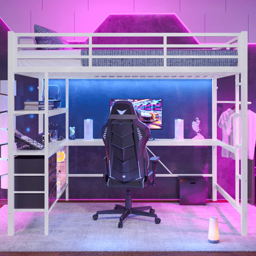 Cama alta 140*200 cm - Com luzes LED, secretária, tomada + USB, 3 gavetas, prateleiras, grade, escada - Branco