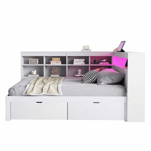 Sofá-cama 90x200 cm - Com arrumação, cama com USB e tomada, com prateleiras e bandejas, muita capacidade, cama multifuncional em madeira - Branco