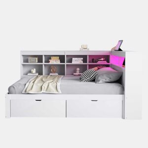 Sofá-cama 90x200 cm - Com arrumação, cama com USB e tomada, com prateleiras e bandejas, muita capacidade, cama multifuncional em madeira - Branco
