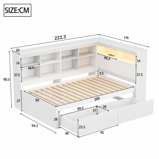 Sofá-cama 90x200 cm - Com arrumação, cama com USB e tomada, com prateleiras e bandejas, muita capacidade, cama multifuncional em madeira - Branco