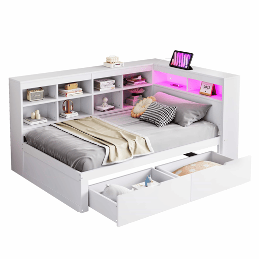 Sofá-cama 90x200 cm - Com arrumação, cama com USB e tomada, com prateleiras e bandejas, muita capacidade, cama multifuncional em madeira - Branco