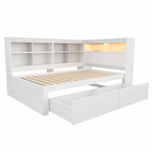 Sofá-cama 90x200 cm - Com arrumação, cama com USB e tomada, com prateleiras e bandejas, muita capacidade, cama multifuncional em madeira - Branco