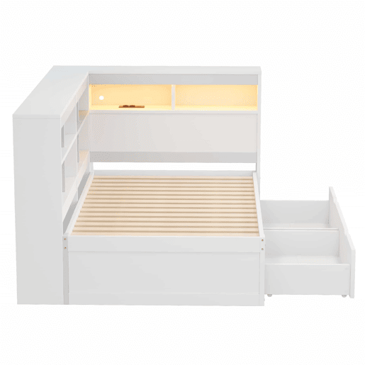 Sofá-cama 90x200 cm - Com arrumação, cama com USB e tomada, com prateleiras e bandejas, muita capacidade, cama multifuncional em madeira - Branco