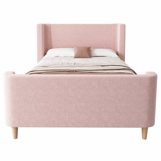 Cama de criança 90x200 cm com estofo em veludo cor-de-rosa (colchão não incluído)