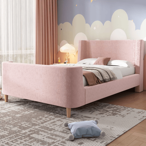 Cama de criança 90x200 cm com estofo em veludo cor-de-rosa (colchão não incluído)