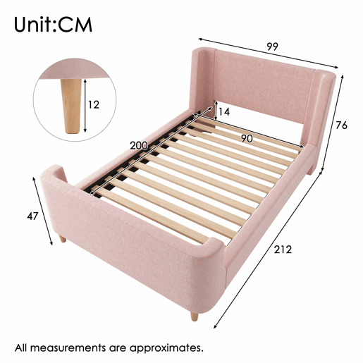 Cama de criança 90x200 cm com estofo em veludo cor-de-rosa (colchão não incluído)
