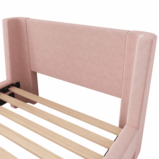 Cama de criança 90x200 cm com estofo em veludo cor-de-rosa (colchão não incluído)