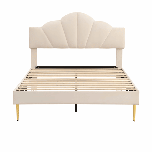 Cama de criança em veludo - 140x200cm - cabeceira em forma de concha - Bege