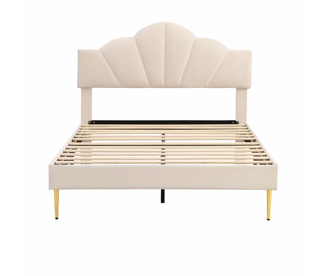 Cama infantil de terciopelo - 140x200cm - cabecero en forma de concha - beige