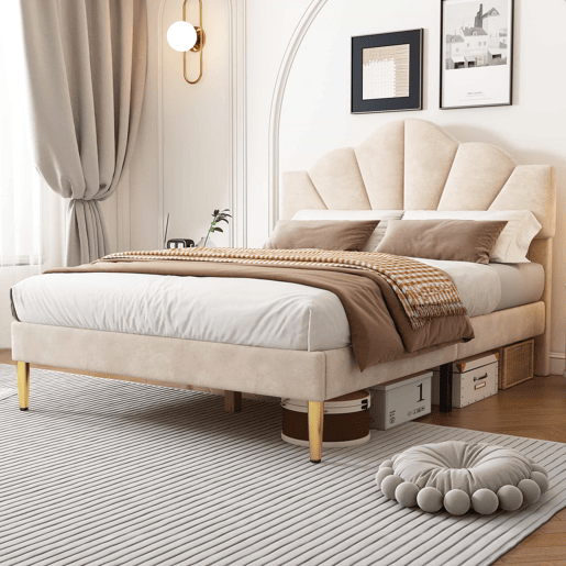 Cama de criança em veludo - 140x200cm - cabeceira em forma de concha - Bege