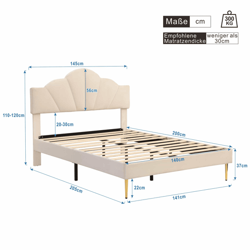 Cama de criança em veludo - 140x200cm - cabeceira em forma de concha - Bege