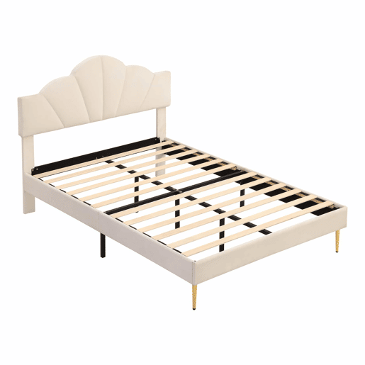 Cama de criança em veludo - 140x200cm - cabeceira em forma de concha - Bege