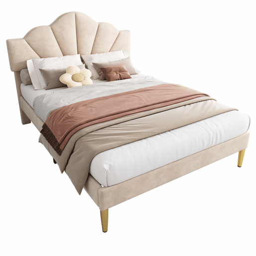 Cama de criança em veludo - 140x200cm - cabeceira em forma de concha - Bege
