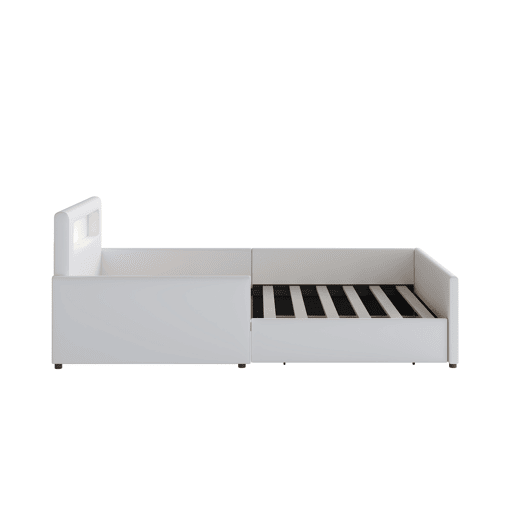 Cama infantil 90x200 cm - Com luz noturna e porta USB, Com compartimentos de arrumação, Laterais elevadas para segurança, Cama individual fácil, Para meninos e meninas, Pele sintética - Branco