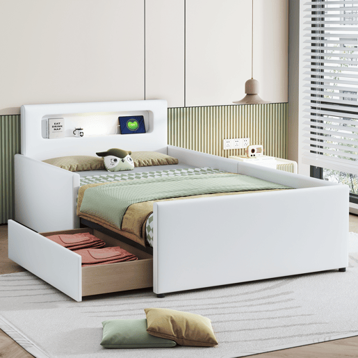 Cama infantil 90x200 cm - Com luz noturna e porta USB, Com compartimentos de arrumação, Laterais elevadas para segurança, Cama individual fácil, Para meninos e meninas, Pele sintética - Branco