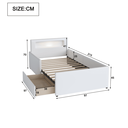 Cama infantil 90x200 cm - Com luz noturna e porta USB, Com compartimentos de arrumação, Laterais elevadas para segurança, Cama individual fácil, Para meninos e meninas, Pele sintética - Branco