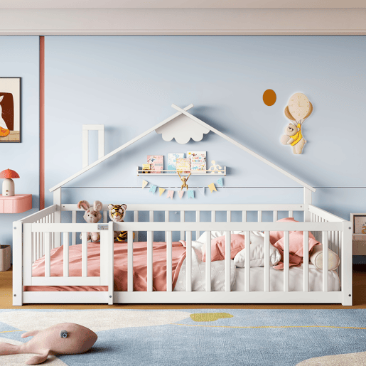Cama infantil 140x190 cm - Com grade e fechadura, madeira de pinho - Branco