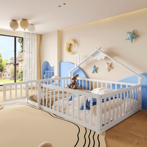 Cama infantil 140x190 cm - Com grade e fechadura, madeira de pinho - Branco