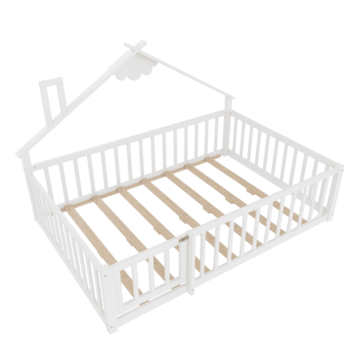 Cama infantil 140x190 cm - Com grade e fechadura, madeira de pinho - Branco