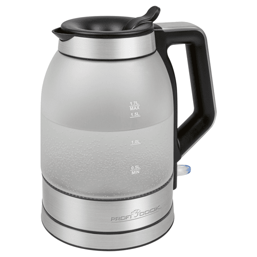 Proficook WKS 1215G Chaleira Eléctricaem Vidro 1,7 L, Jarro Elétrico, sem BPA, Interior Iluminado, sem Fios, 2200, Prata