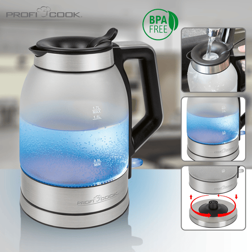 Proficook WKS 1215G Chaleira Eléctricaem Vidro 1,7 L, Jarro Elétrico, sem BPA, Interior Iluminado, sem Fios, 2200, Prata