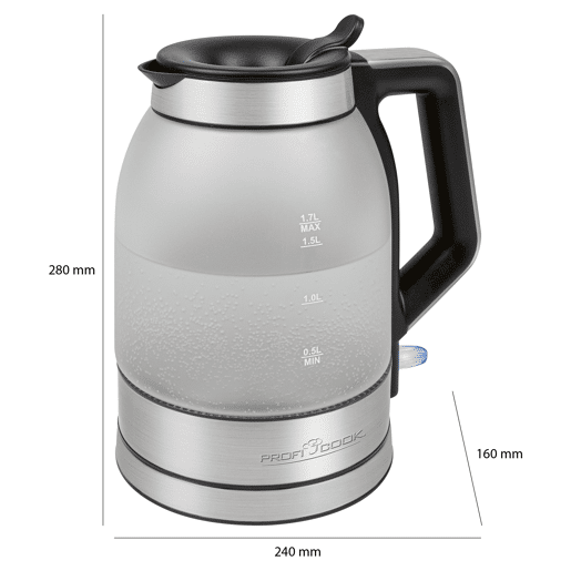 Proficook WKS 1215G Chaleira Eléctricaem Vidro 1,7 L, Jarro Elétrico, sem BPA, Interior Iluminado, sem Fios, 2200, Prata
