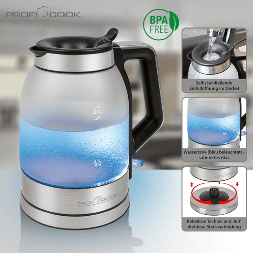 Proficook WKS 1215G Chaleira Eléctricaem Vidro 1,7 L, Jarro Elétrico, sem BPA, Interior Iluminado, sem Fios, 2200, Prata