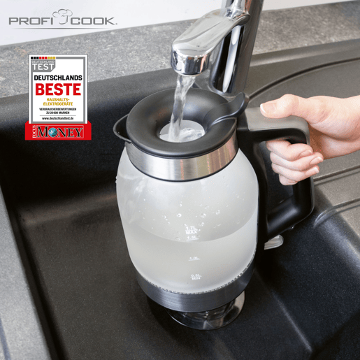 Proficook WKS 1215G Chaleira Eléctricaem Vidro 1,7 L, Jarro Elétrico, sem BPA, Interior Iluminado, sem Fios, 2200, Prata