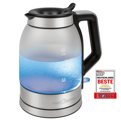 Proficook WKS 1215G Chaleira Eléctricaem Vidro 1,7 L, Jarro Elétrico, sem BPA, Interior Iluminado, sem Fios, 2200, Prata