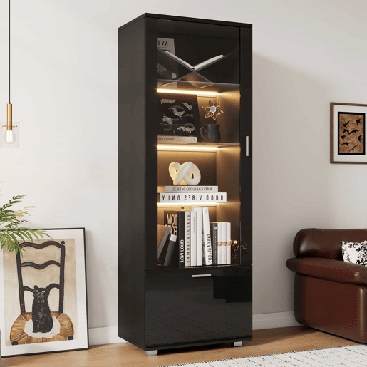 Vitrine preta de alto brilho - Vitrine com portas de vidro, iluminação LED, 3 prateleiras, para colecionáveis e perfumes - Preto Vitrine preta de alto brilho - Vitrine com portas de vidro, iluminação LED, 3 prateleiras, para colecionáveis e perfumes - Preto