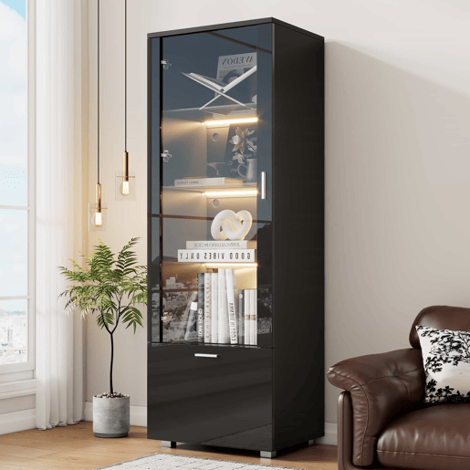 Vitrine preta de alto brilho - Vitrine com portas de vidro, iluminação LED, 3 prateleiras, para colecionáveis e perfumes - Preto Vitrine preta de alto brilho - Vitrine com portas de vidro, iluminação LED, 3 prateleiras, para colecionáveis e perfumes - Preto