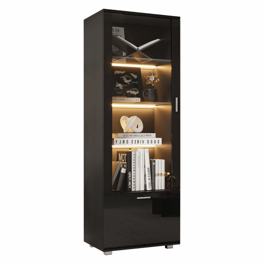 Vitrine preta de alto brilho - Vitrine com portas de vidro, iluminação LED, 3 prateleiras, para colecionáveis e perfumes - Preto Vitrine preta de alto brilho - Vitrine com portas de vidro, iluminação LED, 3 prateleiras, para colecionáveis e perfumes - Preto