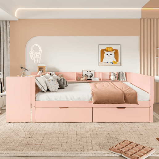 Cama de madeira 140x200cm - com secretária, 2 gavetas, prateleiras, sem colchão - Rosa