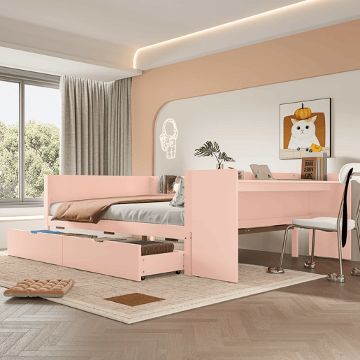 Cama de madeira 140x200cm - com secretária, 2 gavetas, prateleiras, sem colchão - Rosa