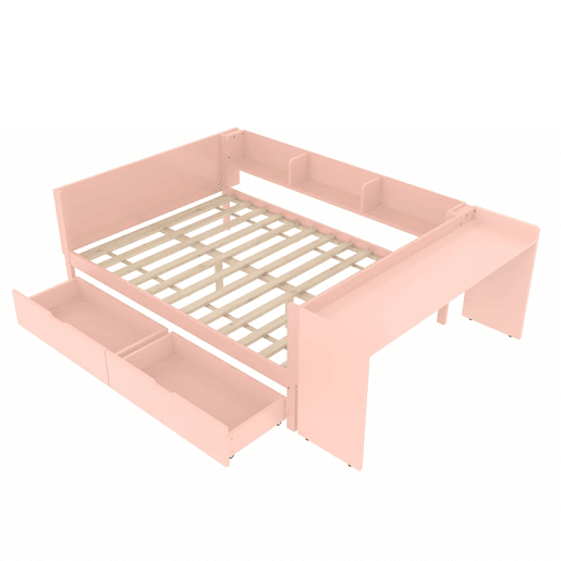 Cama de madeira 140x200cm - com secretária, 2 gavetas, prateleiras, sem colchão - Rosa