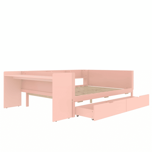 Cama de madeira 140x200cm - com secretária, 2 gavetas, prateleiras, sem colchão - Rosa
