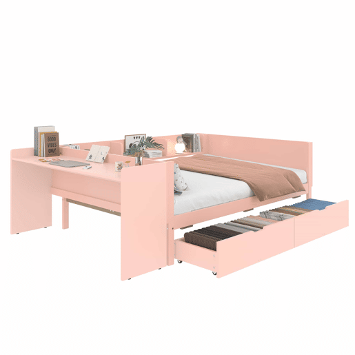 Cama de madeira 140x200cm - com secretária, 2 gavetas, prateleiras, sem colchão - Rosa