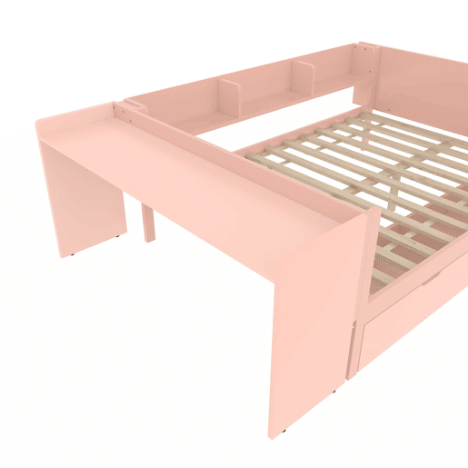 Cama de madeira 140x200cm - com secretária, 2 gavetas, prateleiras, sem colchão - Rosa