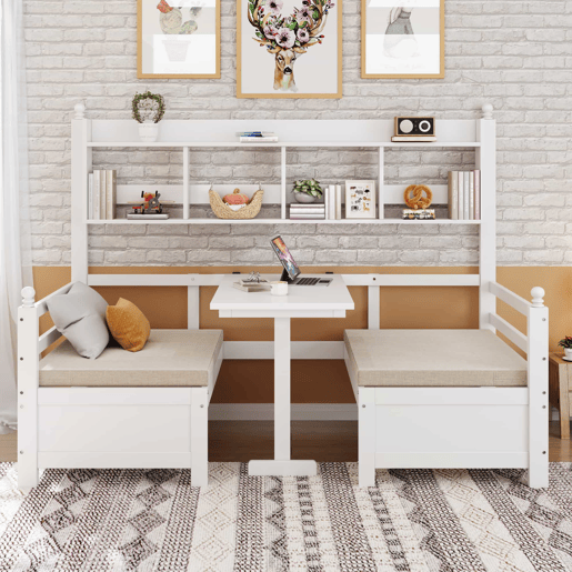 Sofá-cama multifuncional 200x90 cm - 2 em 1 cama e secretária, convertível, com estante, com almofadas confortáveis - Branco