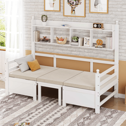 Sofá-cama multifuncional 200x90 cm - 2 em 1 cama e secretária, convertível, com estante, com almofadas confortáveis - Branco