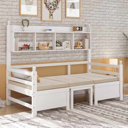Sofá-cama multifuncional 200x90 cm - 2 em 1 cama e secretária, convertível, com estante, com almofadas confortáveis - Branco