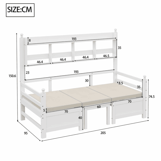 Sofá-cama multifuncional 200x90 cm - 2 em 1 cama e secretária, convertível, com estante, com almofadas confortáveis - Branco