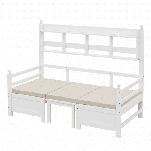 Sofá-cama multifuncional 200x90 cm - 2 em 1 cama e secretária, convertível, com estante, com almofadas confortáveis - Branco