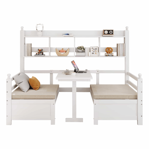 Sofá-cama multifuncional 200x90 cm - 2 em 1 cama e secretária, convertível, com estante, com almofadas confortáveis - Branco