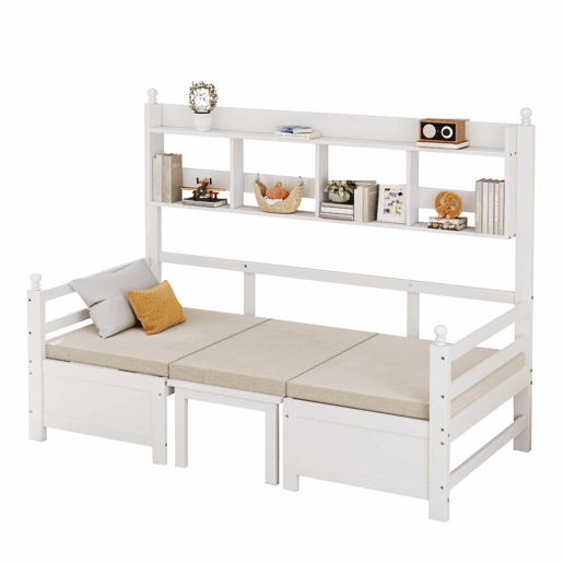 Sofá-cama multifuncional 200x90 cm - 2 em 1 cama e secretária, convertível, com estante, com almofadas confortáveis - Branco