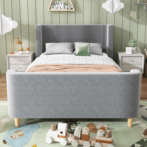 Cama de criança 90x200 cm estofada em veludo cinzento (colchão não incluído)
