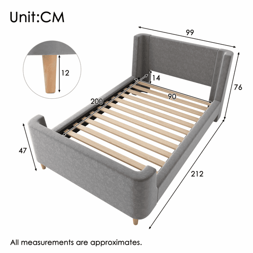 Cama de criança 90x200 cm estofada em veludo cinzento (colchão não incluído)