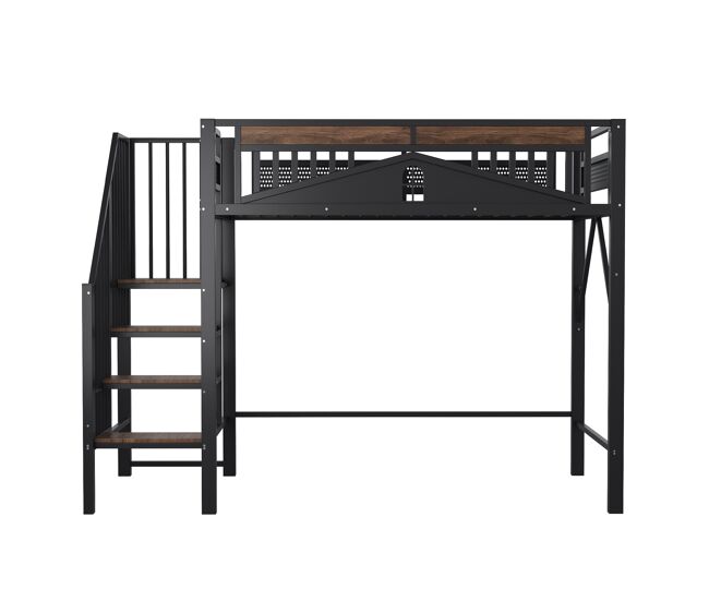 Cama alta metálica 90x200 cm - con protección de seguridad única con ventana, con escalera de seguridad, espacio bajo la cama para cobertura de tela -