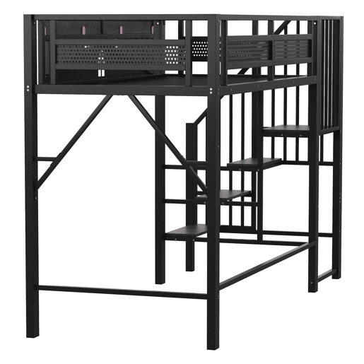 Cama alta metálica 90x200 cm - Com proteção de segurança exclusiva com janela, escada de segurança, espaço sob a cama para cobertura de tecido - Preta